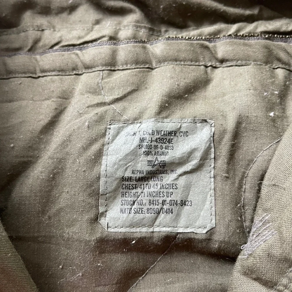 Alpha Industries Cold Weather CVC Tanker Jacket Large Long Olive Drab